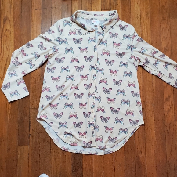 LuLaRoe Collared Button Up Long Sleeve Top With Butterflies - Picture 2 of 12